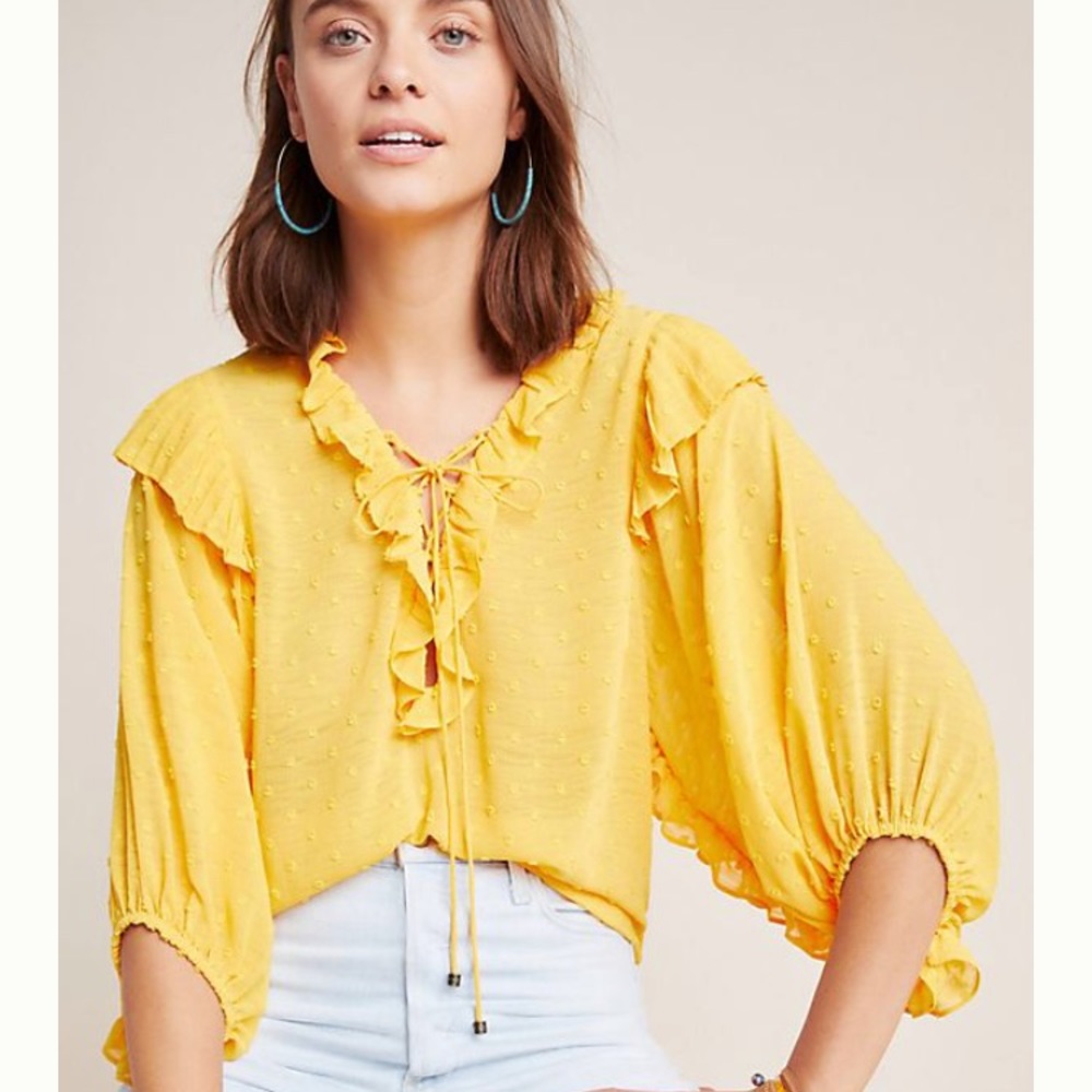 Anthropology yellow frilly blouse